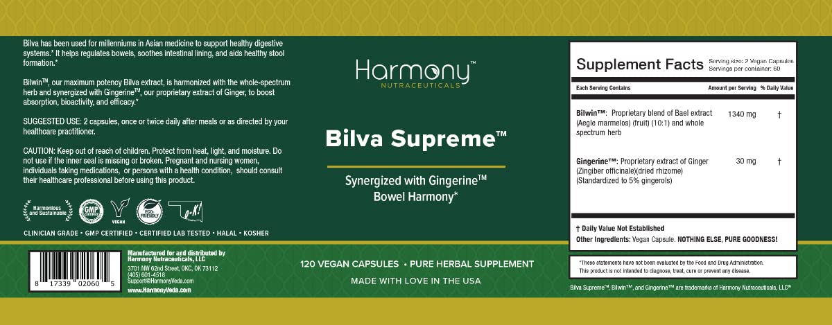Harmony Nutraceuticals Bilva Supreme bottle dispensing capsules for daily use.