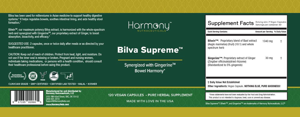 Harmony Nutraceuticals Bilva Supreme bottle dispensing capsules for daily use.