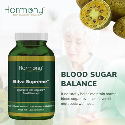 Harmony Nutraceuticals Bilva Supreme capsules closeup suggesting vegan capsules.