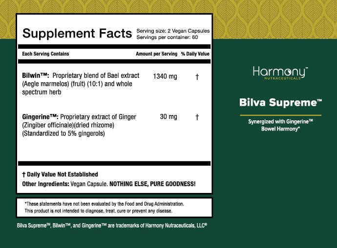 Harmony Nutraceuticals Bilva Supreme gingerine extract label closeup.