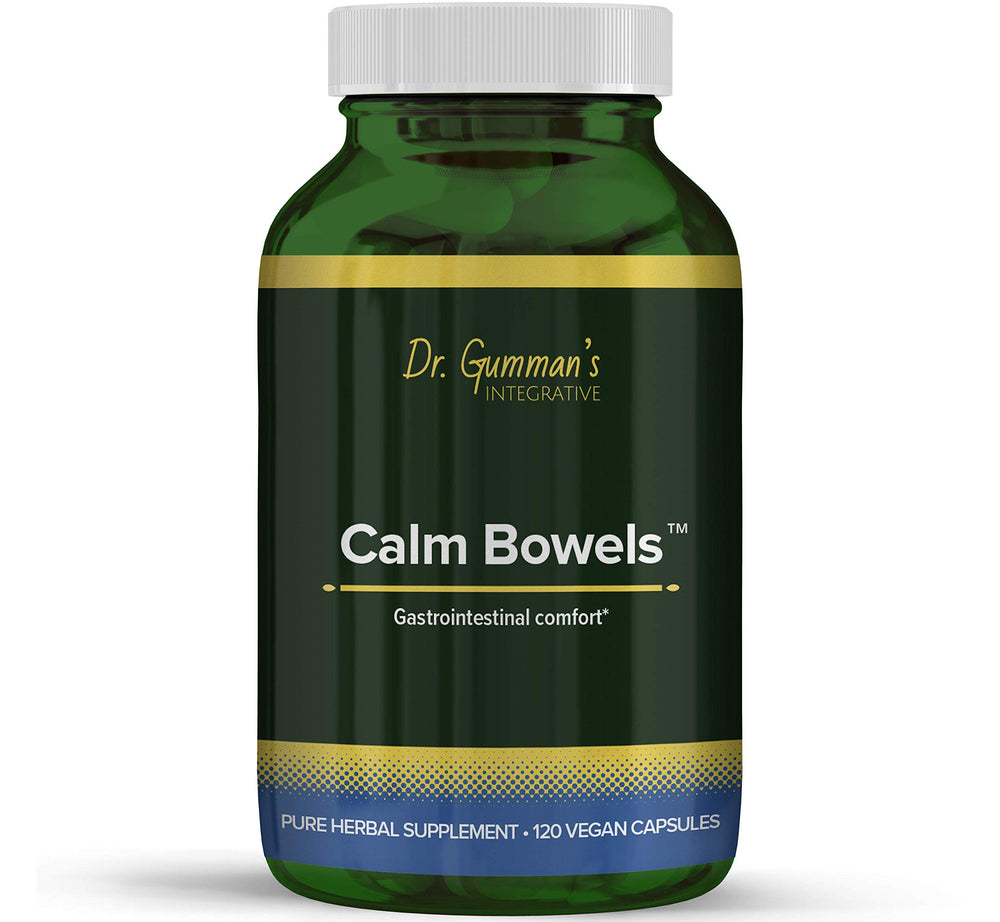 Harmony Nutraceuticals Calm Bowels bottle highlighting GI comfort support.