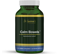 Harmony Nutraceuticals Calm Bowels bottle highlighting GI comfort support.