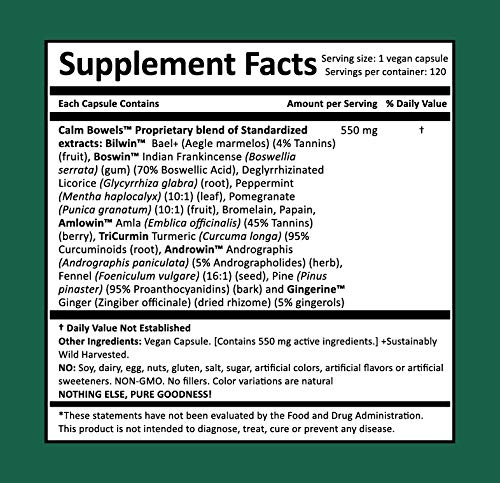 Harmony Nutraceuticals Calm Bowels capsules emphasizing relief potential for GI wellness.