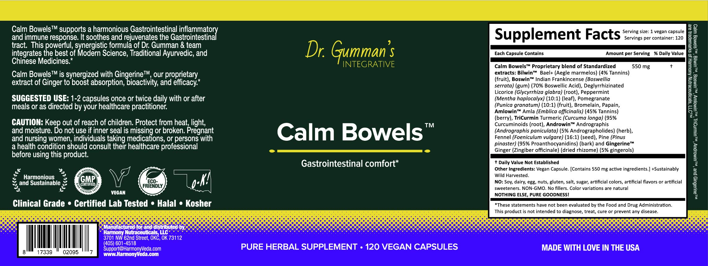 Harmony Nutraceuticals Calm Bowels Gingerine capsules highlighting enhanced absorption and efficacy.