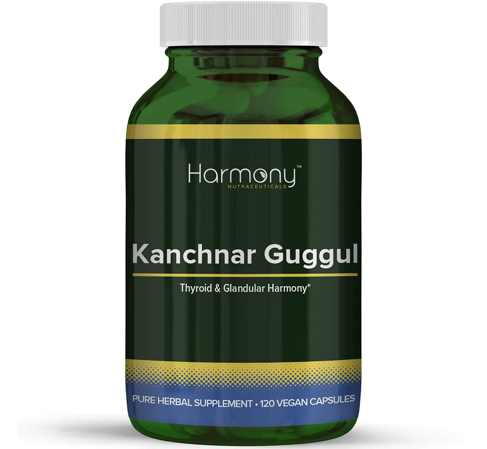 Harmony Nutraceuticals Kanchnar Guggul bottle front with 120 vegan capsules for digestive balance