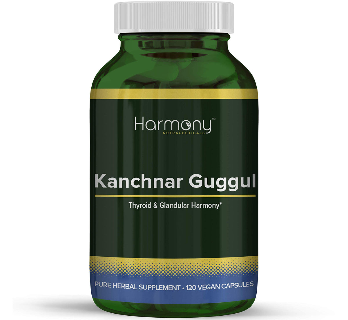 Harmony Nutraceuticals Kanchnar Guggul bottle front with 120 vegan capsules for digestive balance