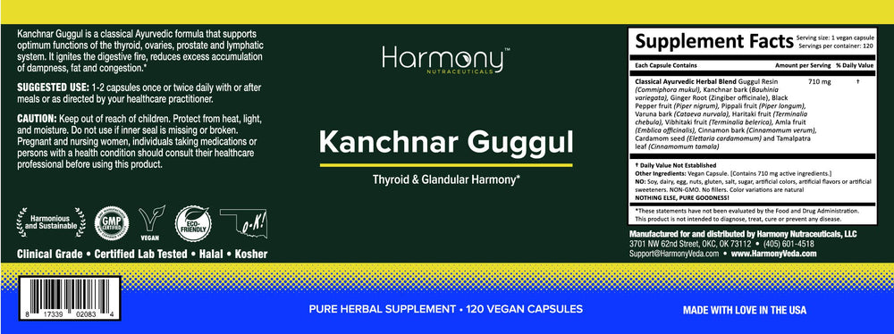 Harmony Nutraceuticals Kanchnar Guggul packaging hero showcasing sustainable farming and ethical sourcing