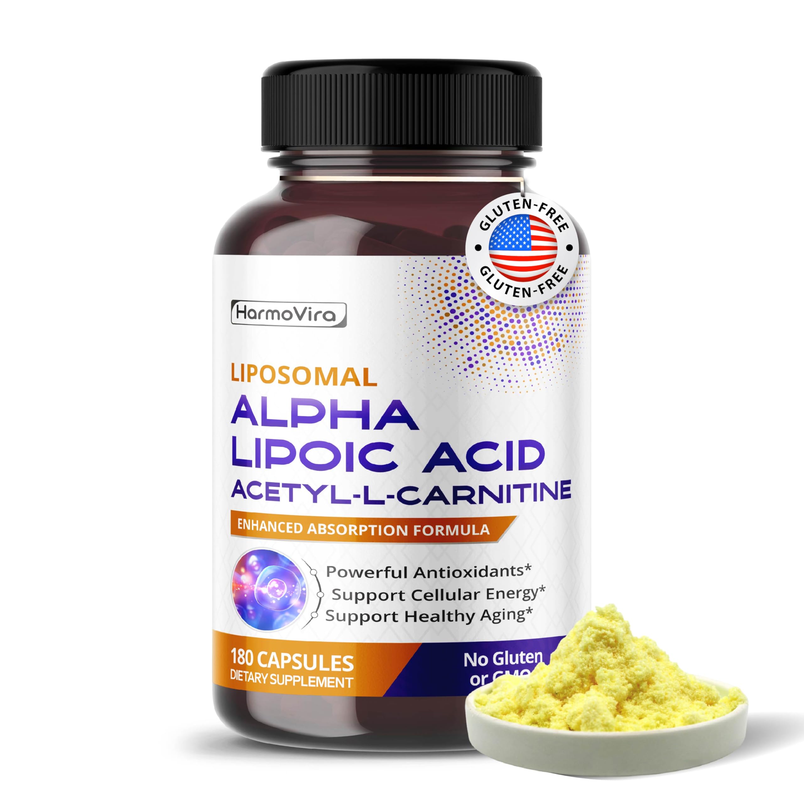 HarmoVira Alpha Lipoic Acid bottle shows high-absorption formula for daily wellness.