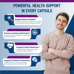 HarmoVira Benfotiamine 6-in-1 formula image emphasizes metabolism and brain health support.