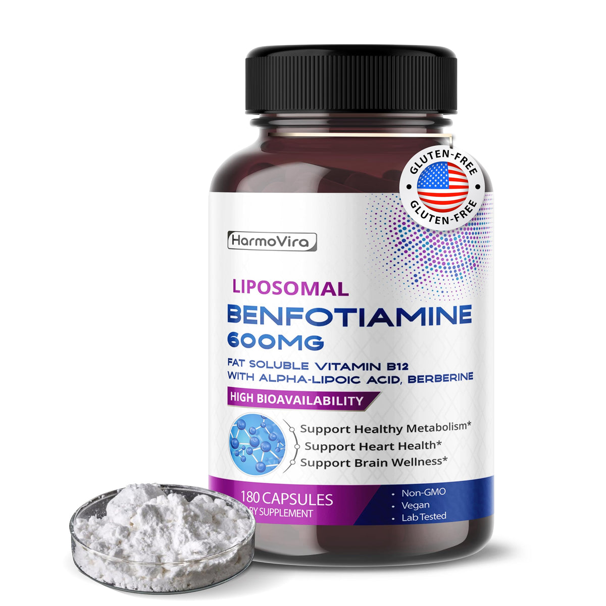HarmoVira Benfotiamine bottle cap supports a daily energy ritual.