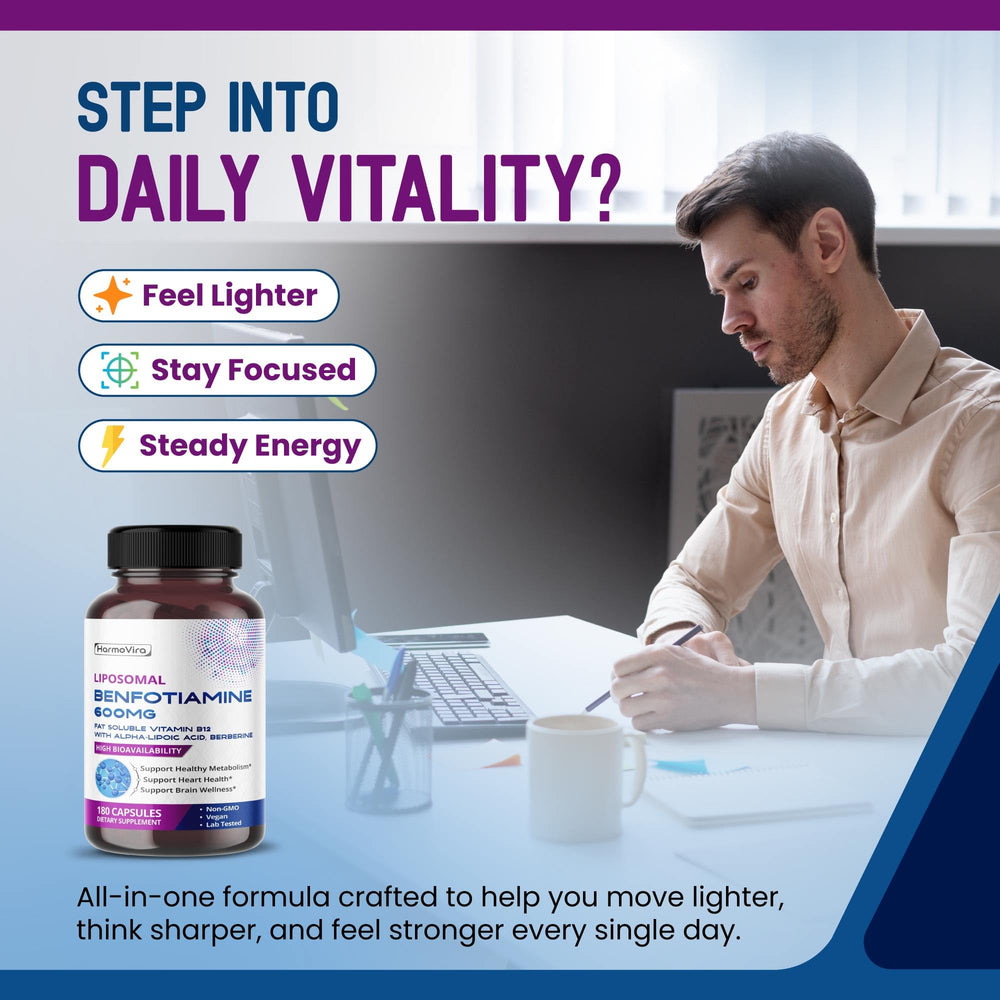 HarmoVira Benfotiamine capsules closeup for convenient daily energy support.