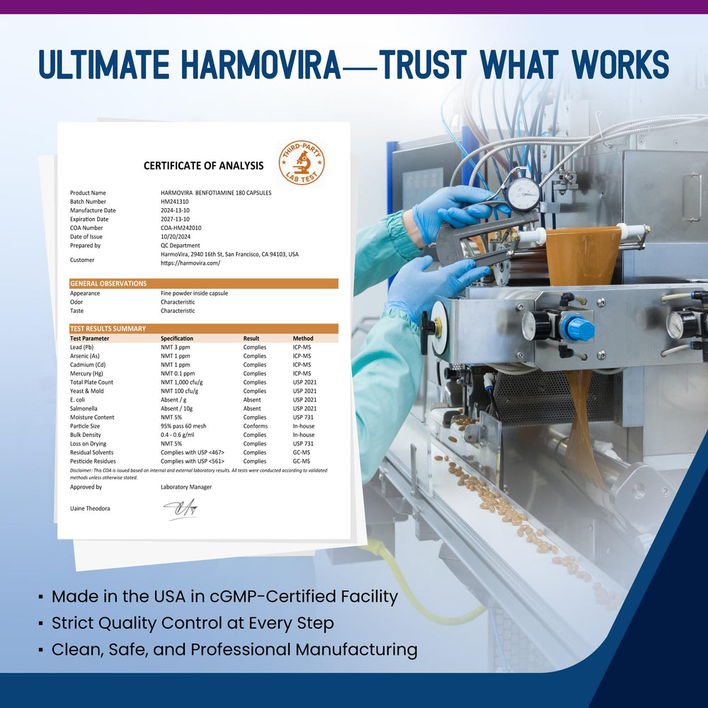 HarmoVira Benfotiamine morning routine with tablets suggesting daily use.