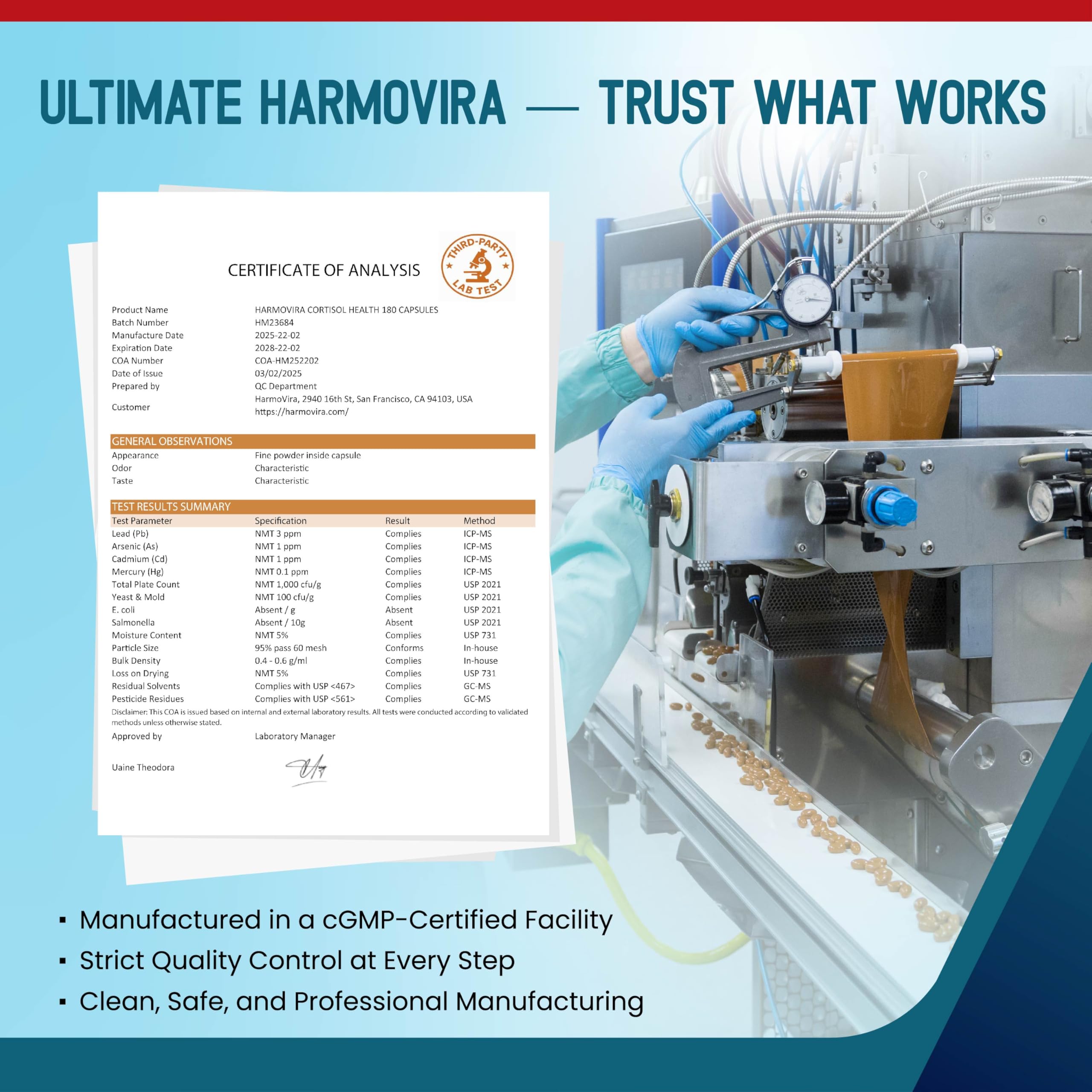 Serving a glass of water beside HarmoVira CORTISOL Health for daily routine
