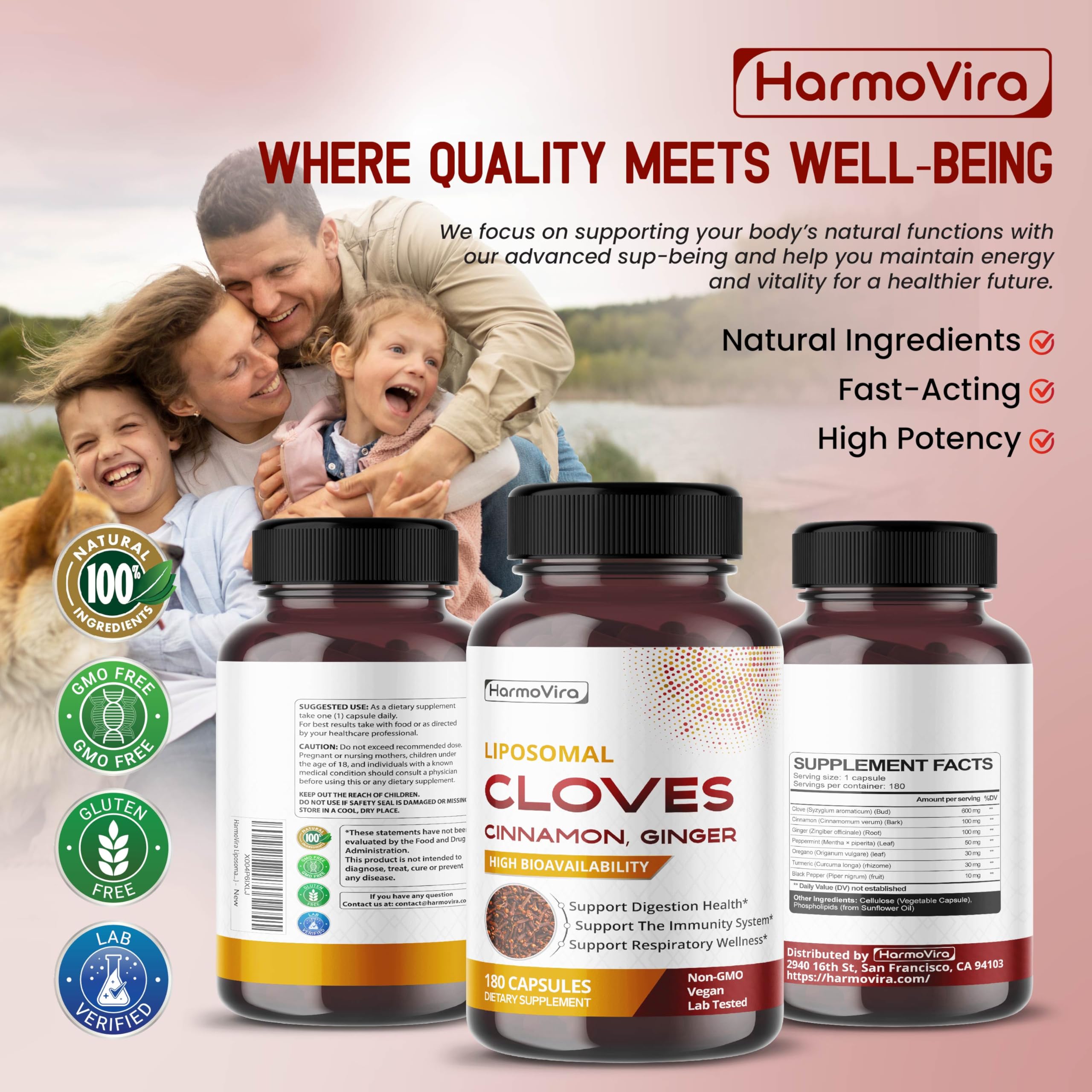 HarmoVira liposomal cloves 180-capsule bottle ready for sustainable daily use.