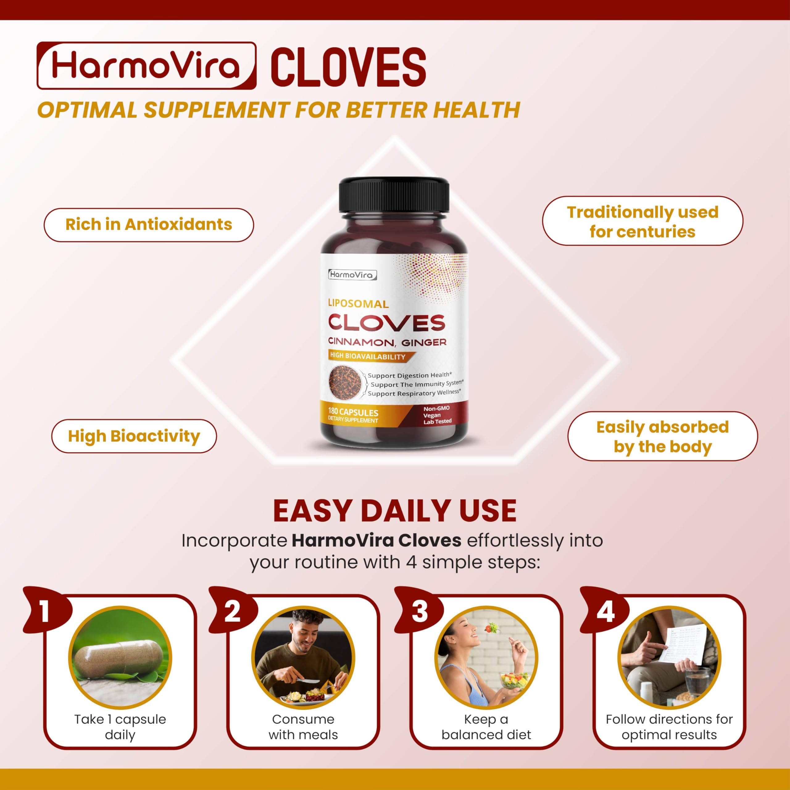 HarmoVira liposomal cloves in a digestive-use scene with a glass of water.