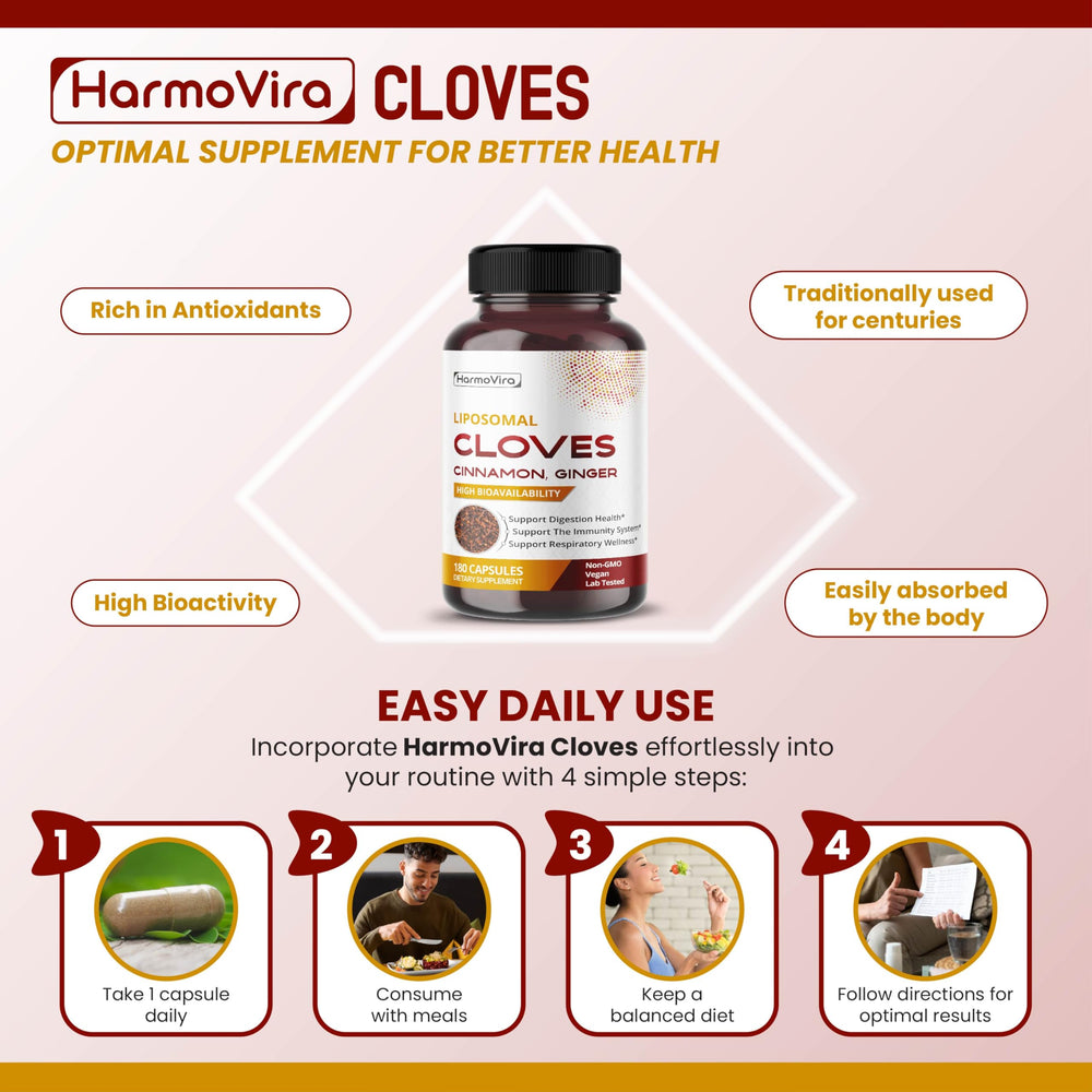 HarmoVira liposomal cloves in a digestive-use scene with a glass of water.