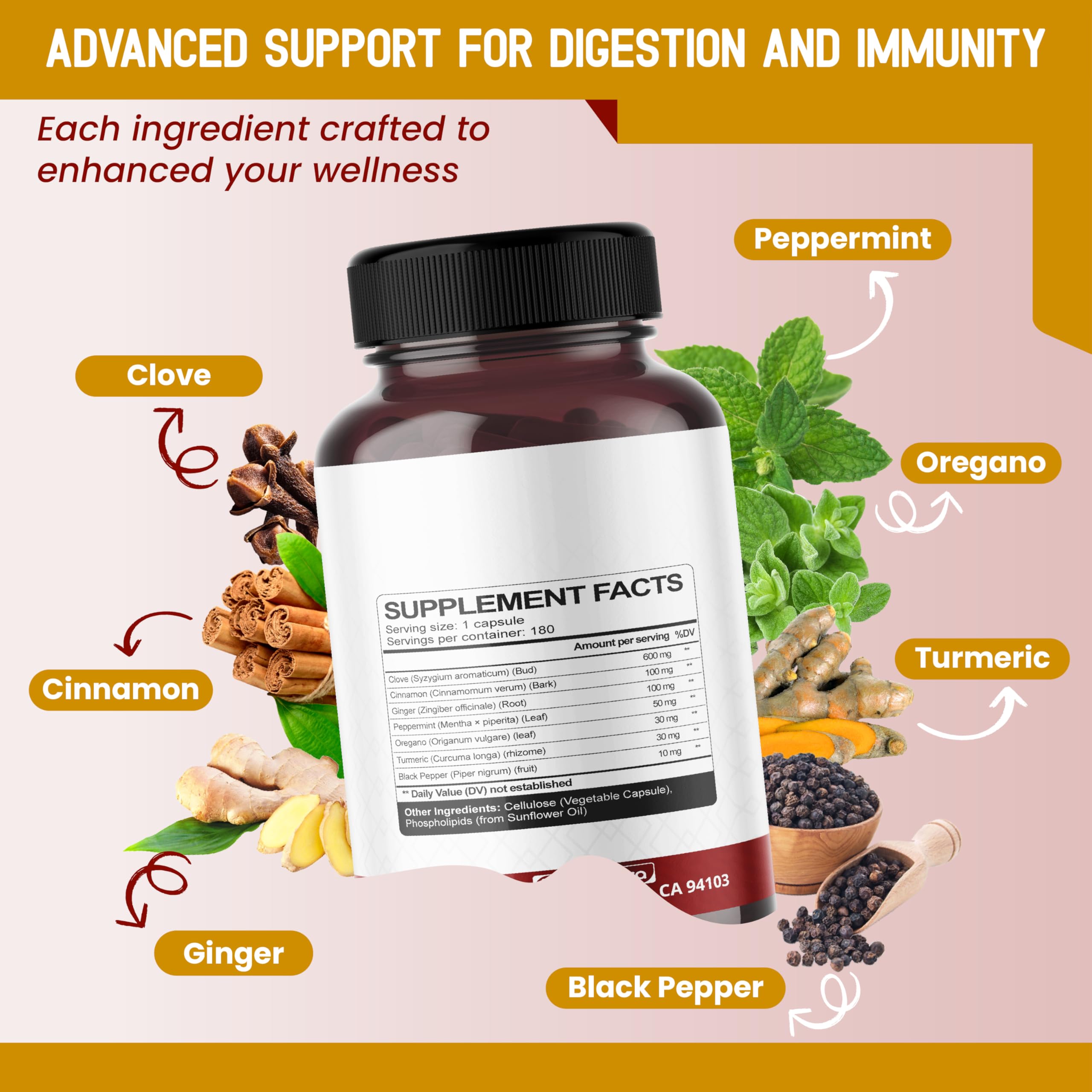 HarmoVira liposomal cloves label closeup highlights vegan, gluten-free formulation.