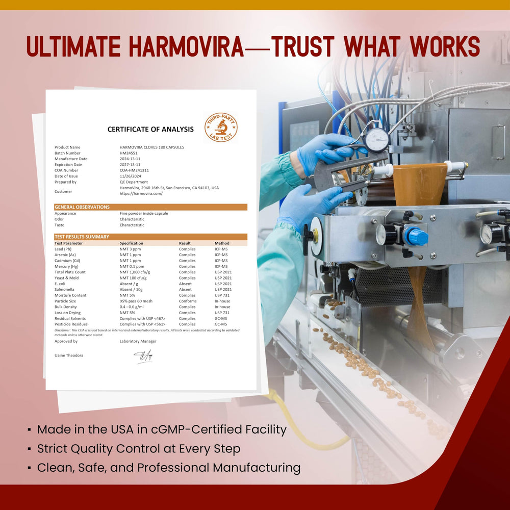 HarmoVira liposomal cloves bottle and capsule pack emphasize vegan, gluten-free benefits.