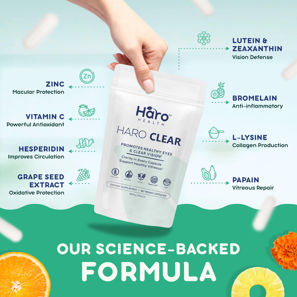 Haro Health AREDS2 bottle on desk promoting daily eye health routine.