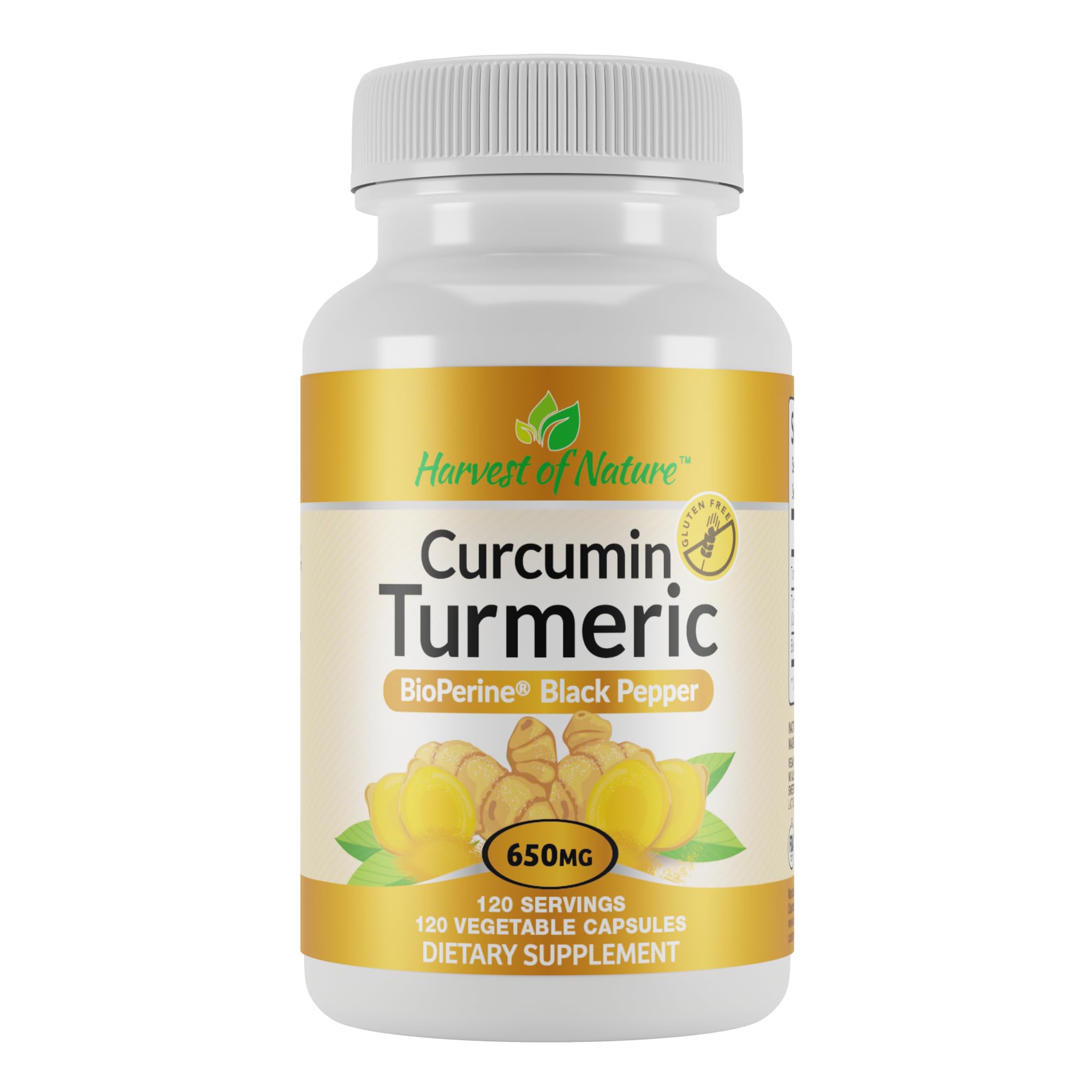 Harvest of Nature turmeric 650mg bottle front for daily joint support