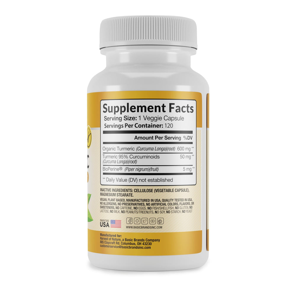Harvest of Nature turmeric BioPerine absorption bottle highlights enhanced bioavailability
