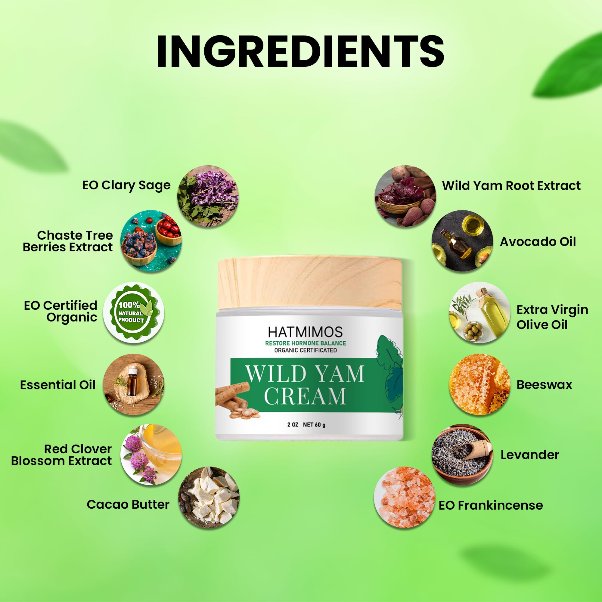 HATMIMOS Wild Yam Cream label close-up showing organic ingredients