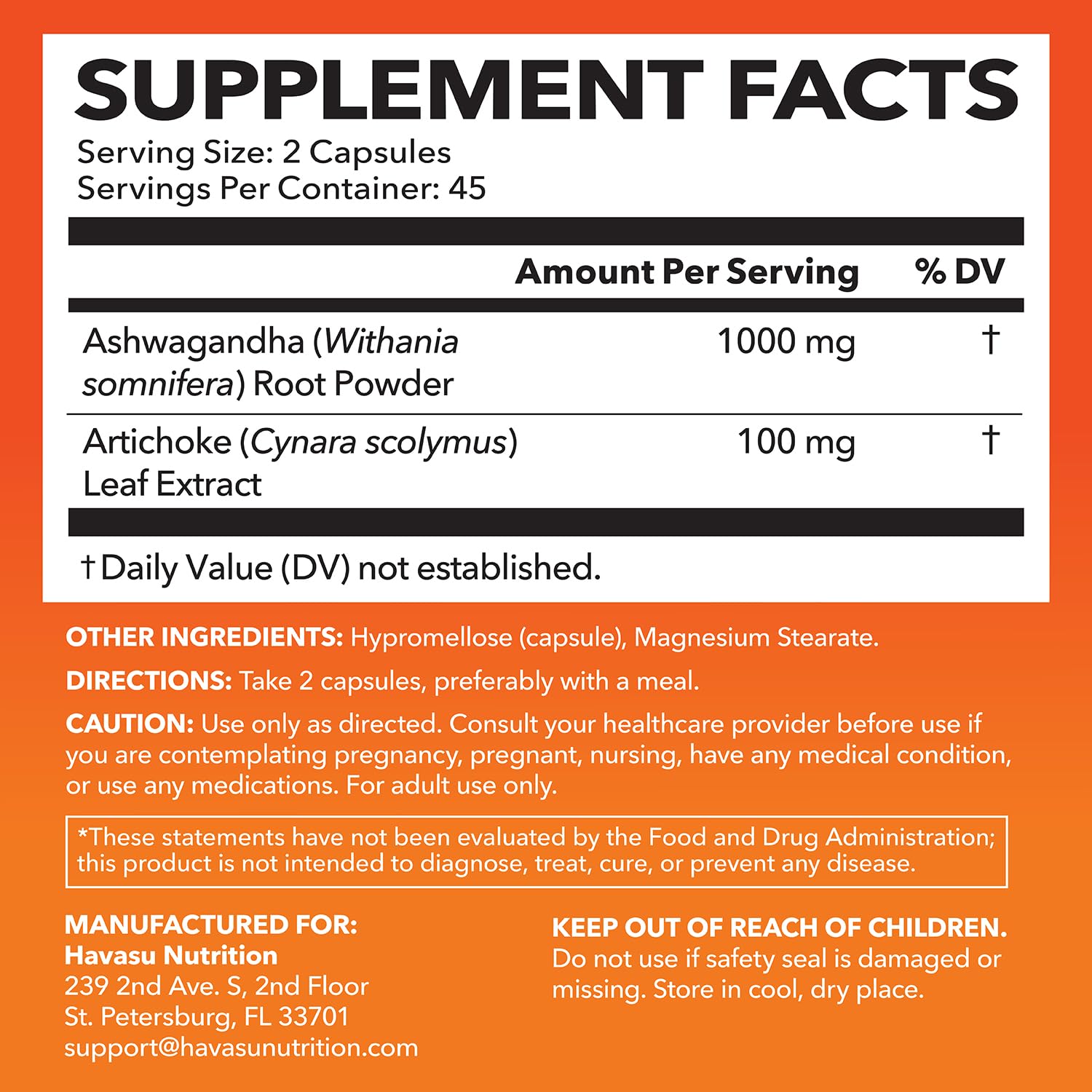 HAVASU NUTRITION Ashwagandha Artichoke capsules ready for energy and mood balance.