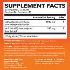 HAVASU NUTRITION Ashwagandha Artichoke capsules ready for energy and mood balance.