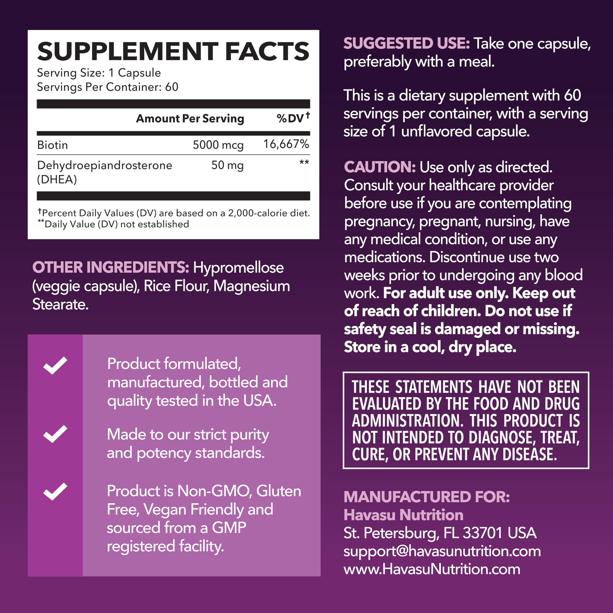 HAVASU DHEA biotin capsules, close view, supports hair, skin, and nails.