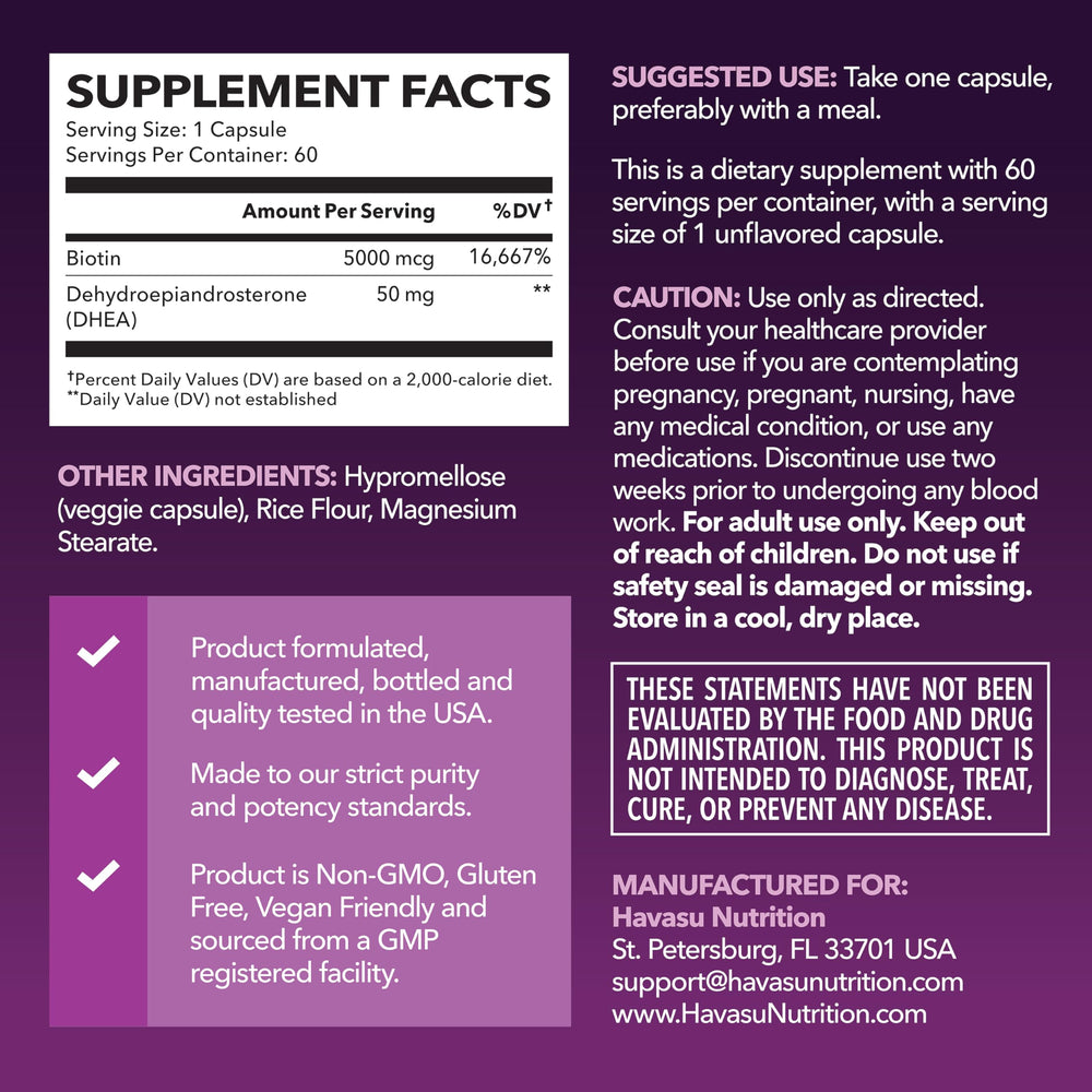 HAVASU DHEA biotin capsules, close view, supports hair, skin, and nails.