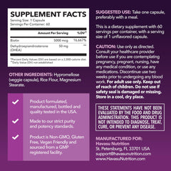 HAVASU DHEA biotin capsules, close view, supports hair, skin, and nails.
