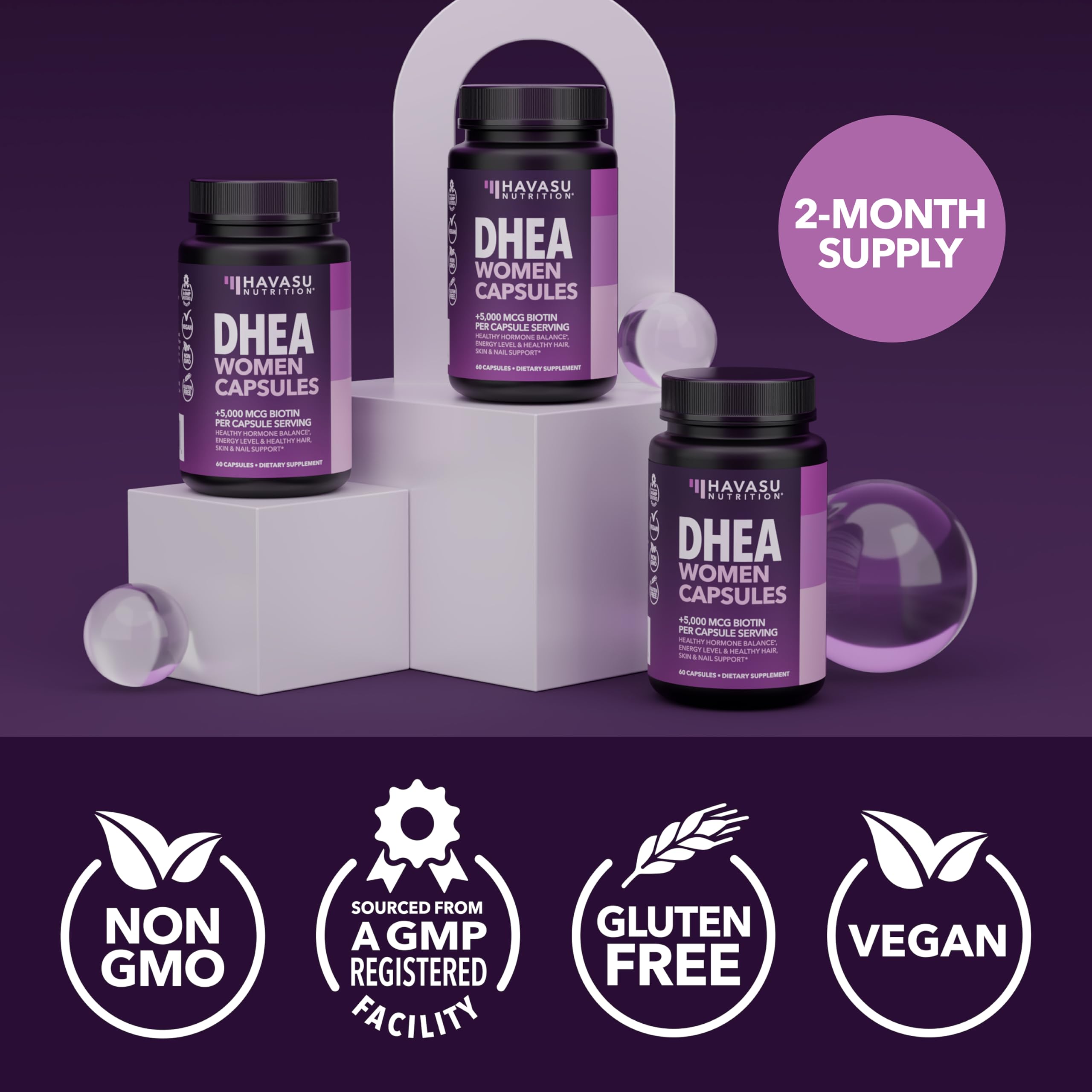 HAVASU DHEA gluten-free label and natural ingredients scene.