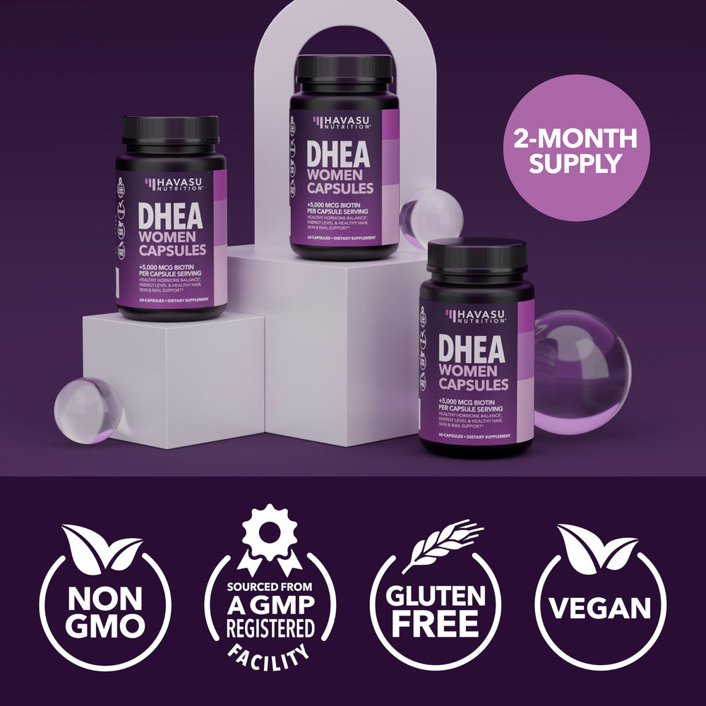 HAVASU DHEA gluten-free label and natural ingredients scene.