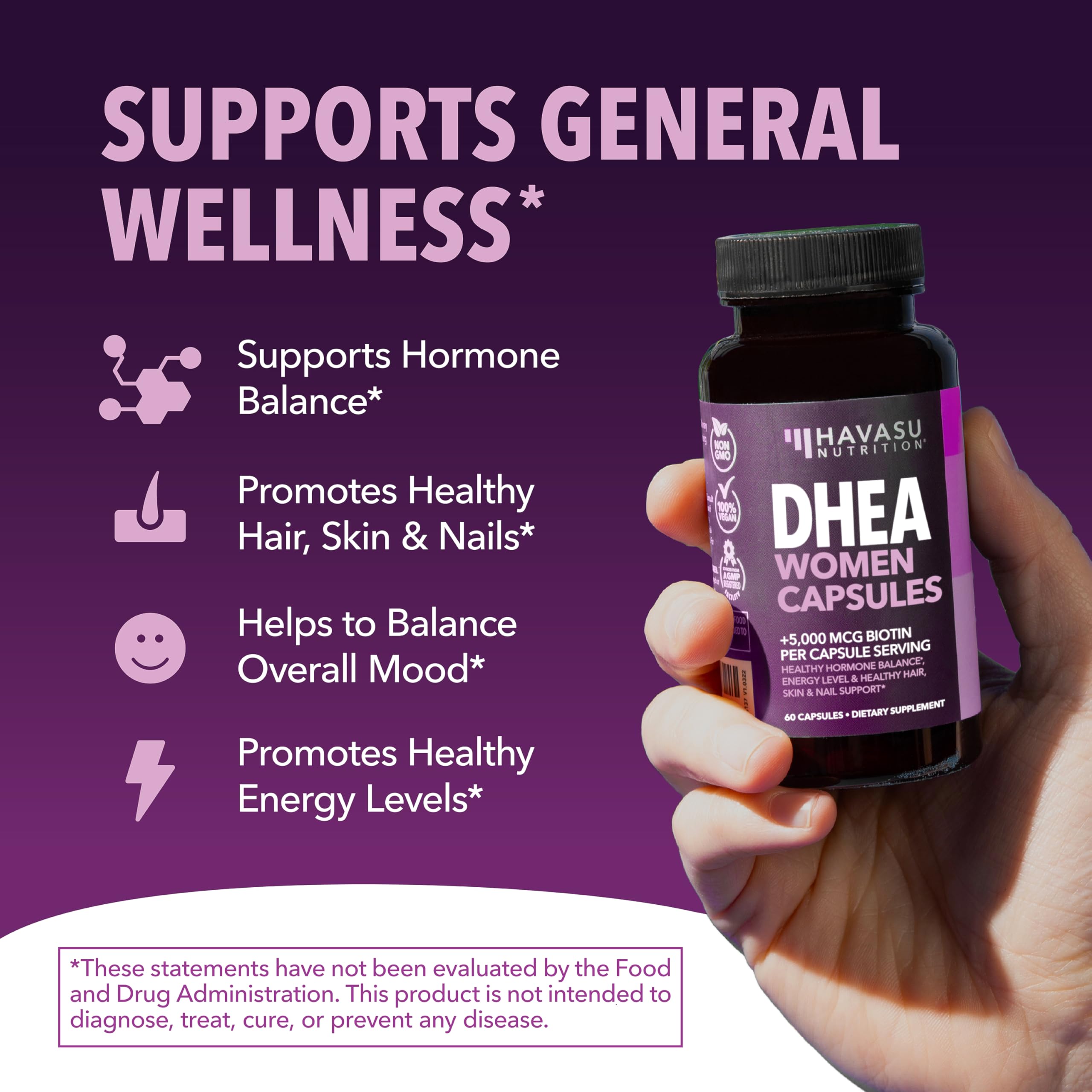 HAVASU DHEA biotin bottle beside icons for hair, skin, nails benefits.