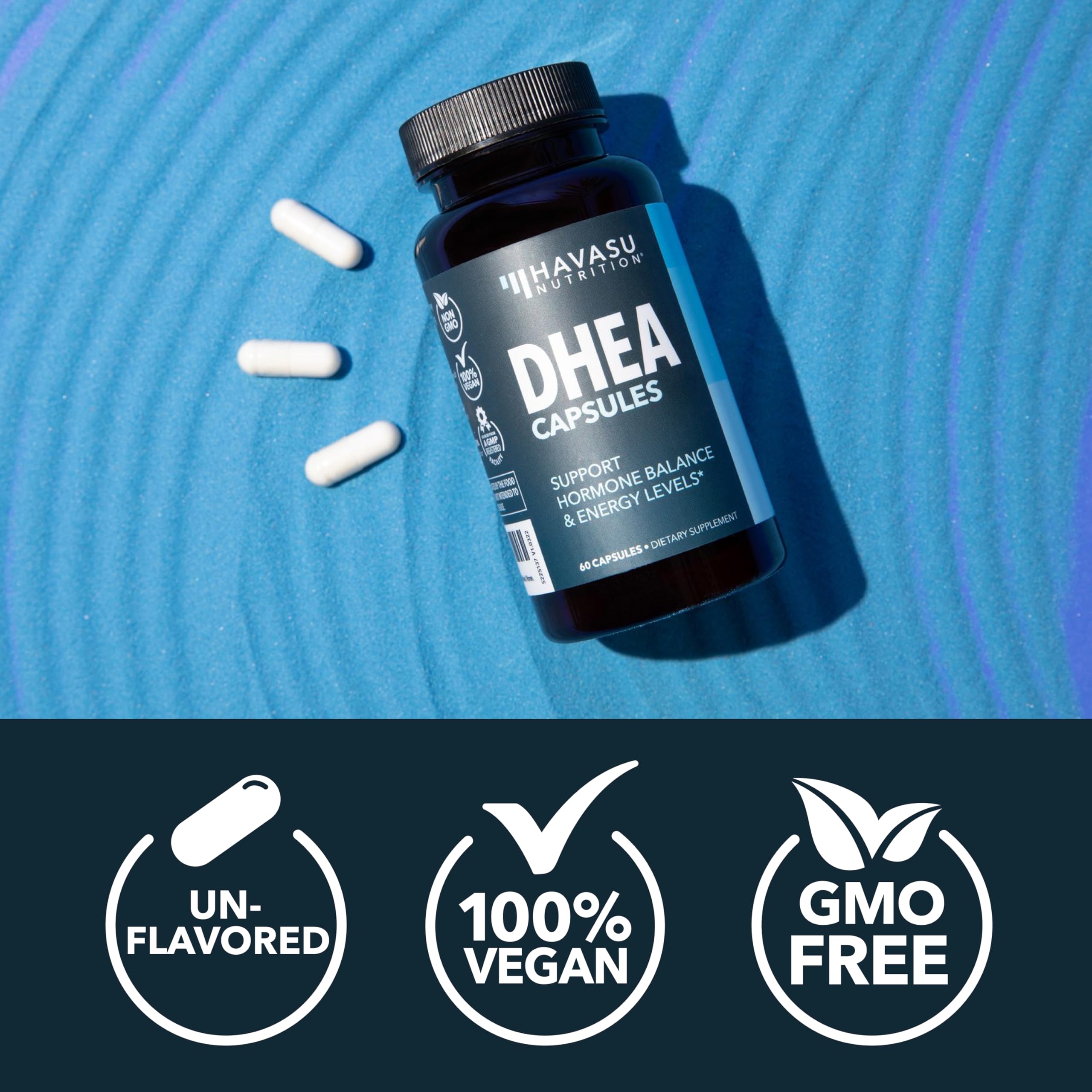 Allergen-free label on HAVASU NUTRITION DHEA 50mg bottle indicates dairy-free and gluten-free