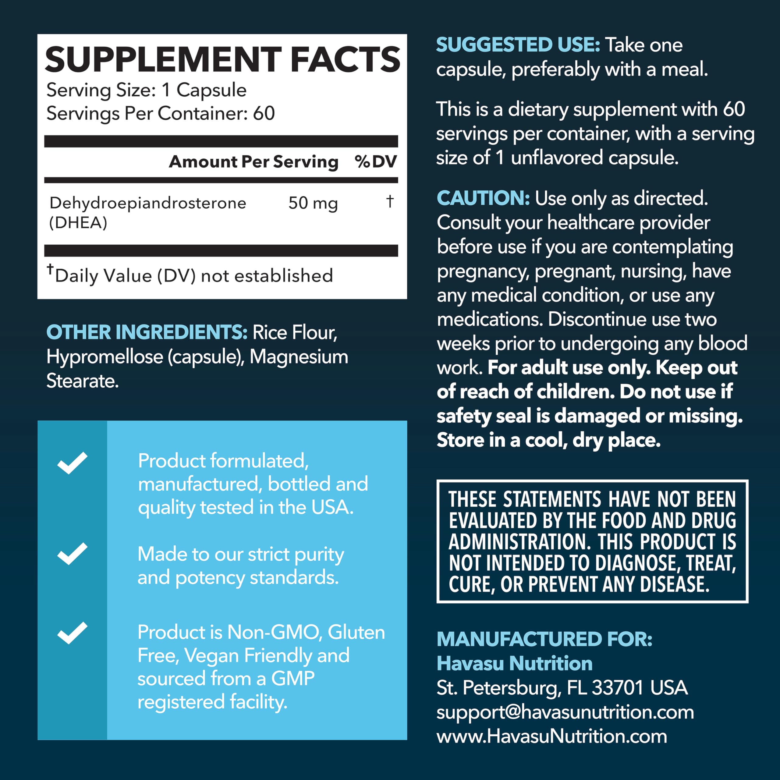 HAVASU NUTRITION DHEA 50mg bottle label showing ingredients and dosage