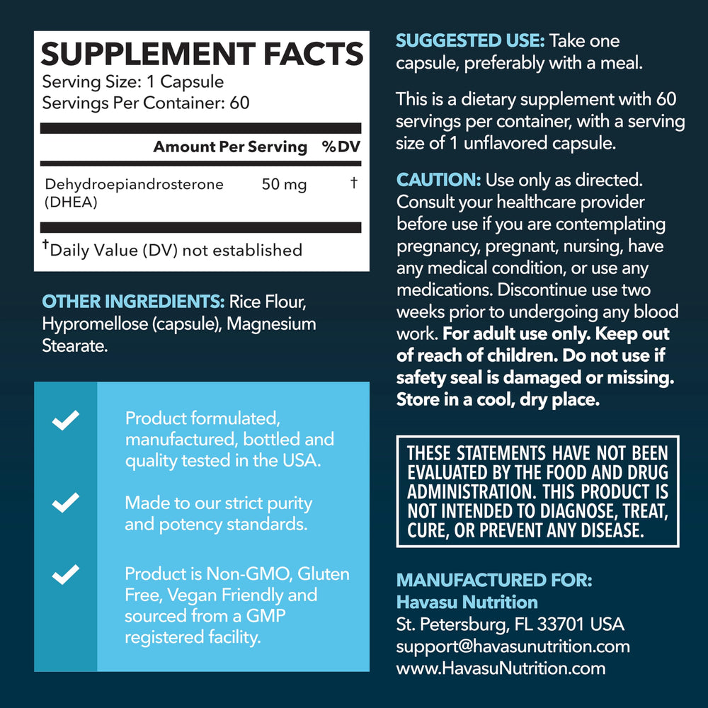 HAVASU NUTRITION DHEA 50mg bottle label showing ingredients and dosage