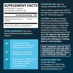 HAVASU NUTRITION DHEA 50mg bottle label showing ingredients and dosage