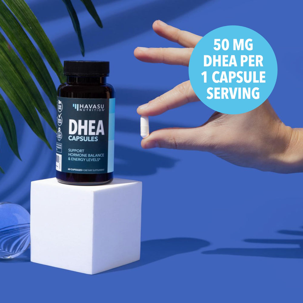 Close-up of HAVASU NUTRITION DHEA 50mg capsule showing smooth coating