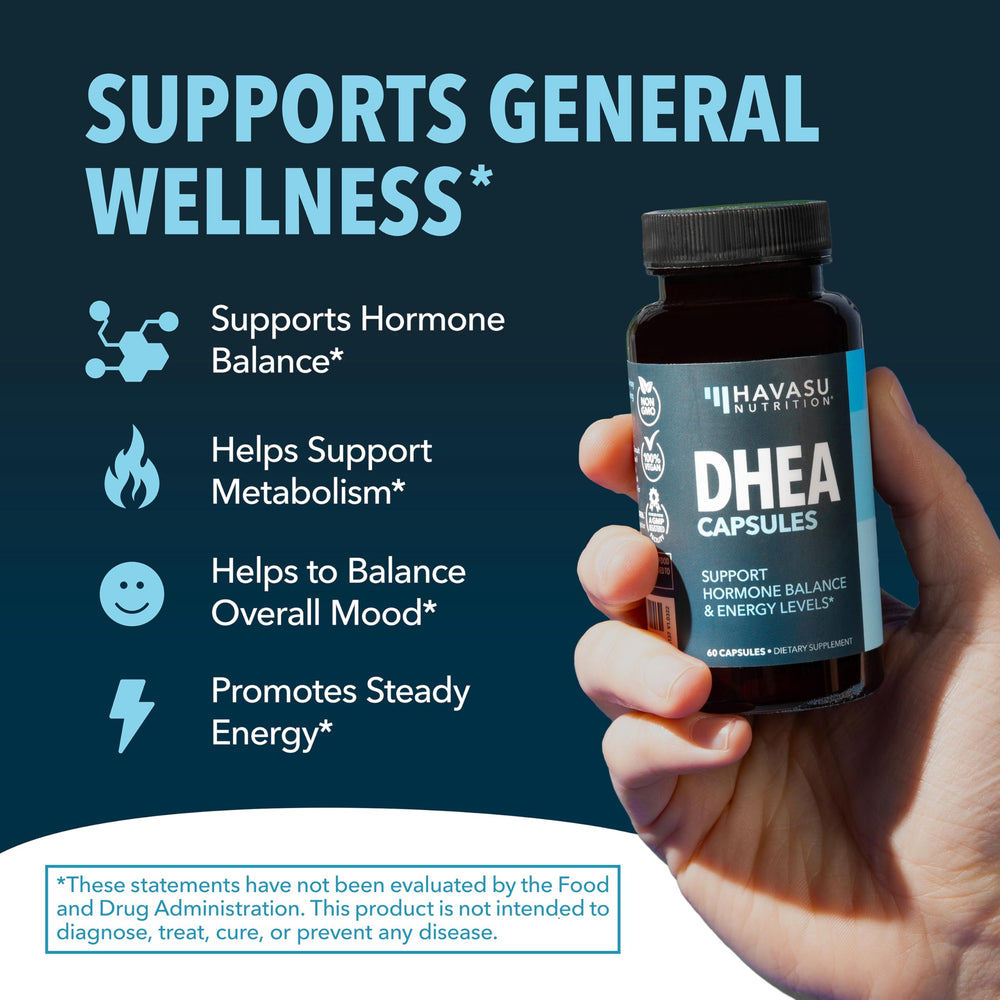 Packaging box for HAVASU NUTRITION DHEA 50mg showing vegan, non-GMO, 60 capsules