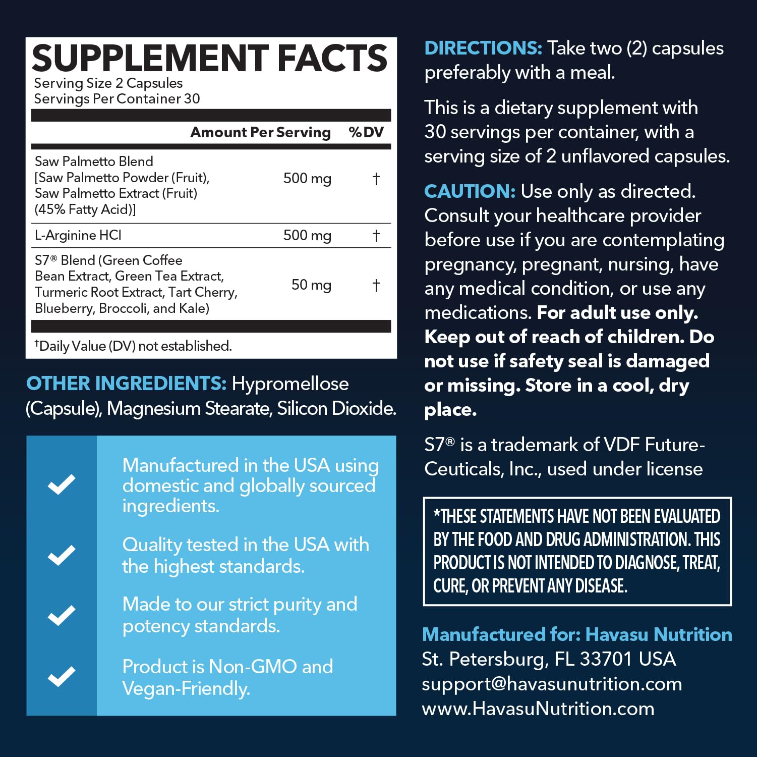HAVASU NUTRITION L-Arginine 500mg capsules close-up highlighting nitric oxide precursor.