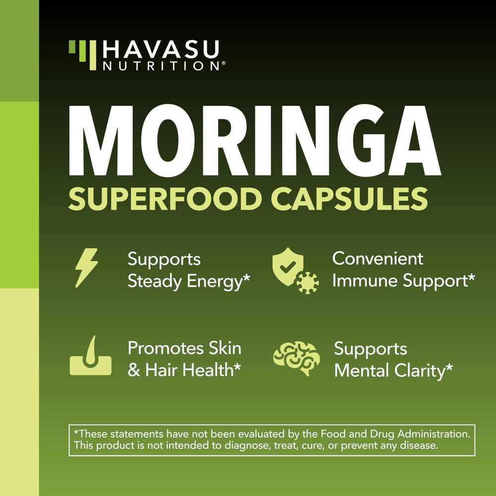 Label shows 10:1 moringa leaf extract for concentrated support.