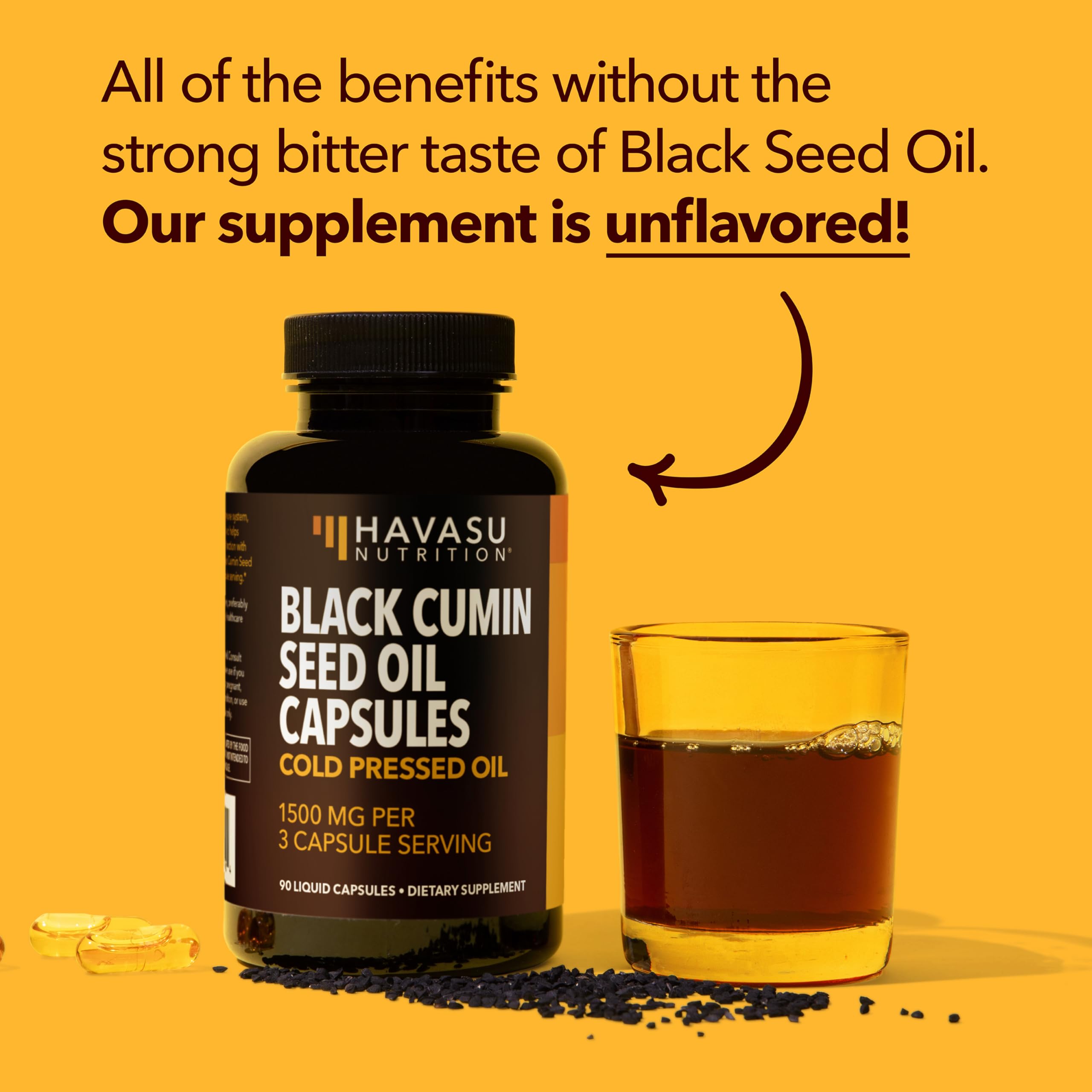 Havasu Nutrition 1-month supply of unflavored black seed oil capsules.