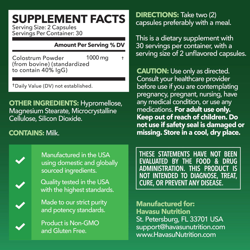 HAVASU NUTRITION 1000mg per serving colostrum highlights strong dosage for daily wellness.