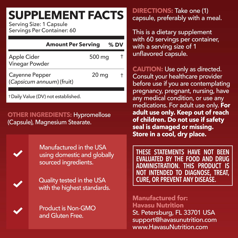 HAVASU NUTRITION ACV Cayenne capsules close up shows metabolism support.