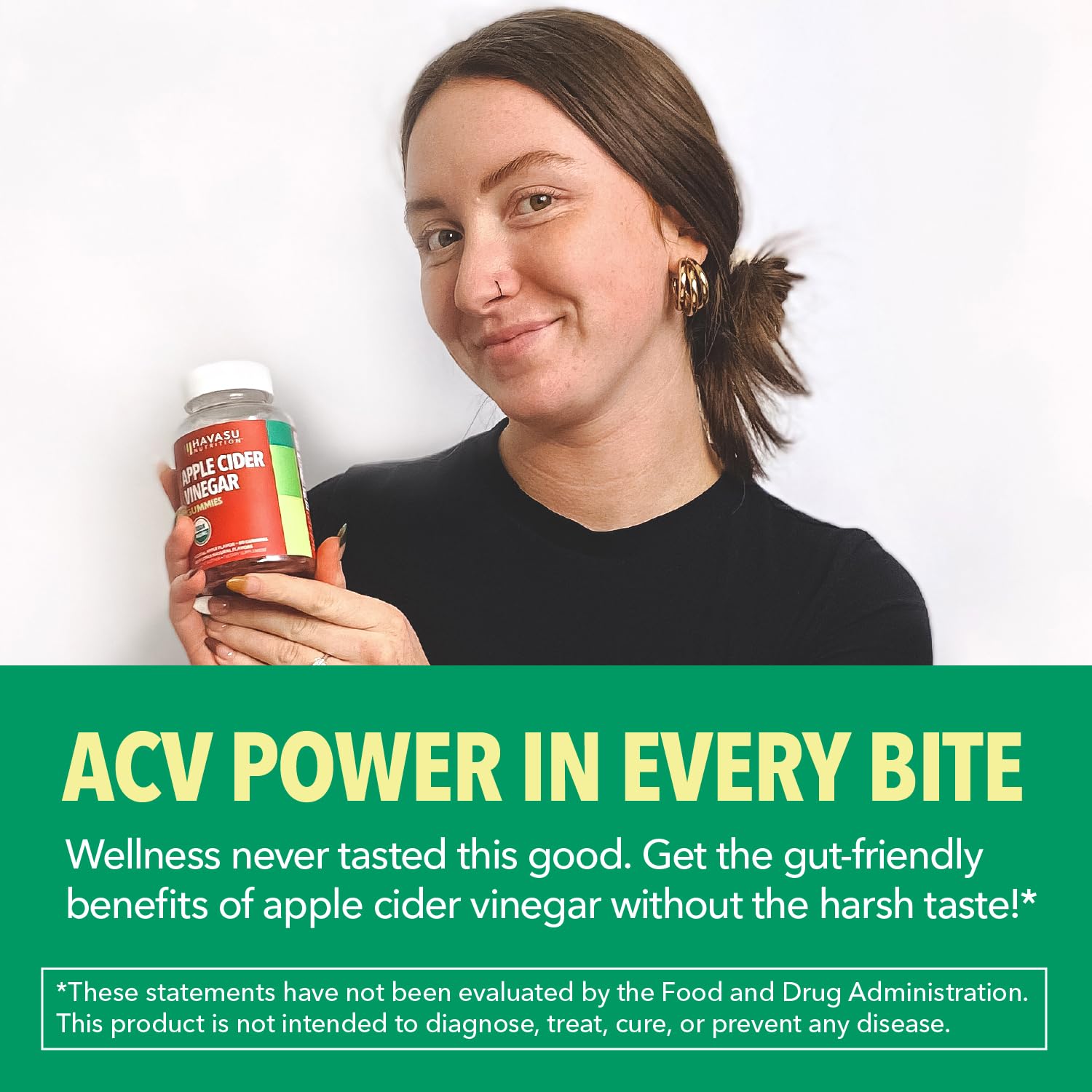 HAVASU NUTRITION ACV gummies organic ingredients on pack emphasizing vegan-friendly formula.