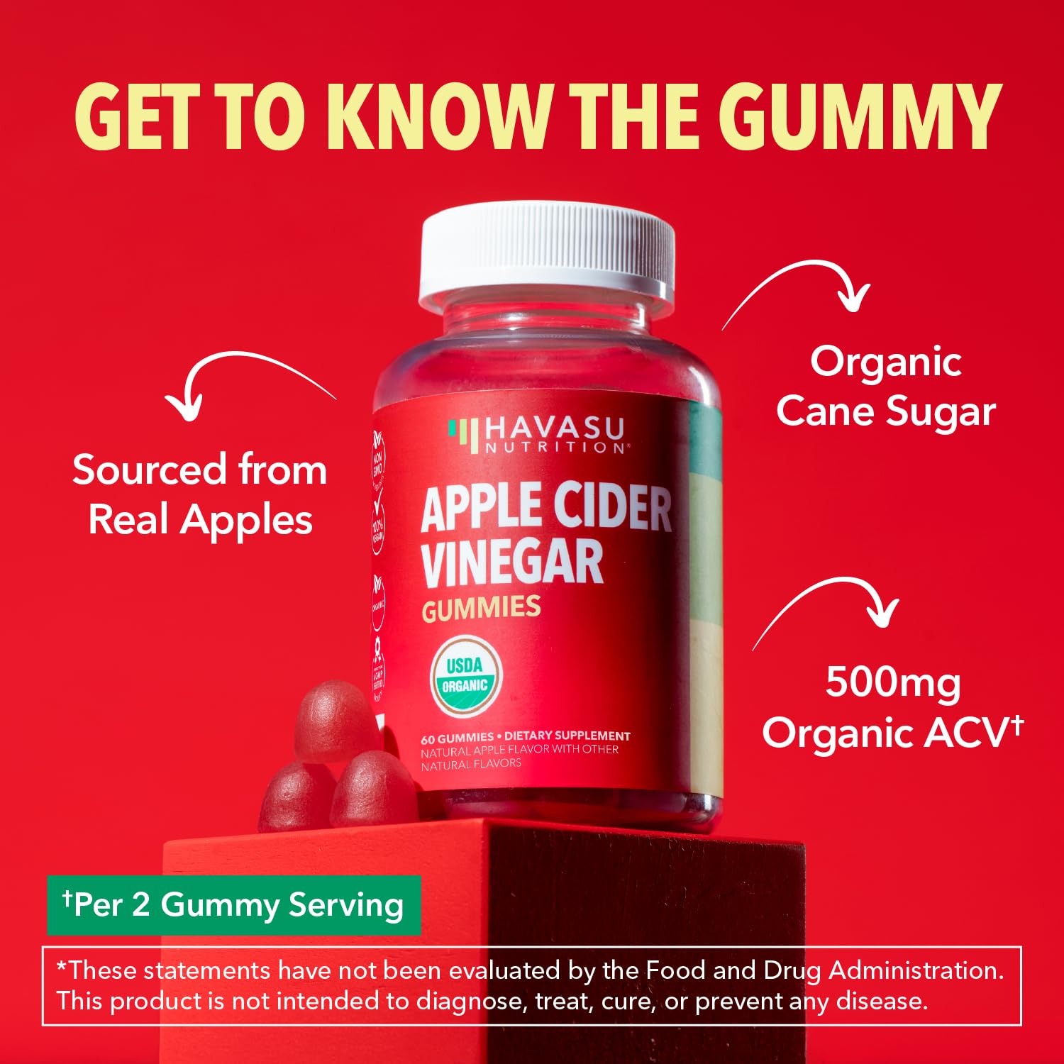 HAVASU NUTRITION Apple Cider Vinegar Gummies label detail with vegan and gluten-free icons.