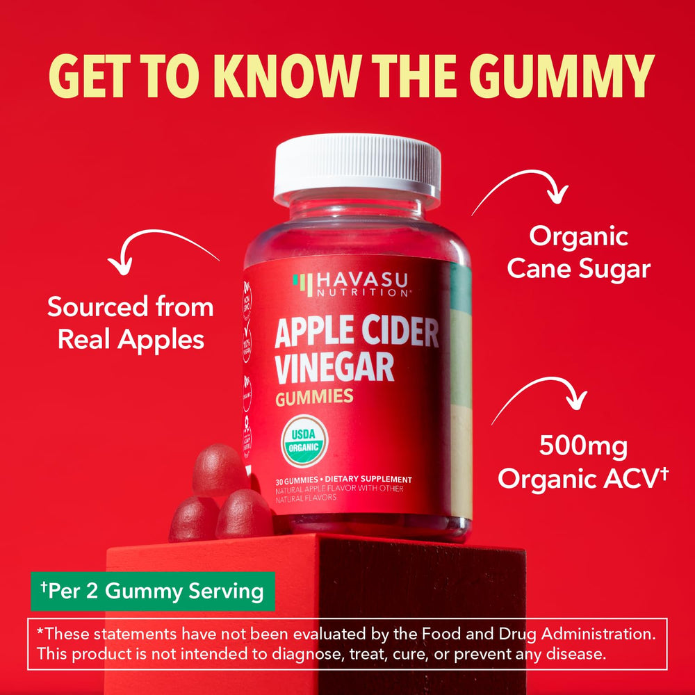 HAVASU NUTRITION Apple Cider Vinegar Gummies travel bottle shows 30-count for on-the-go routines.