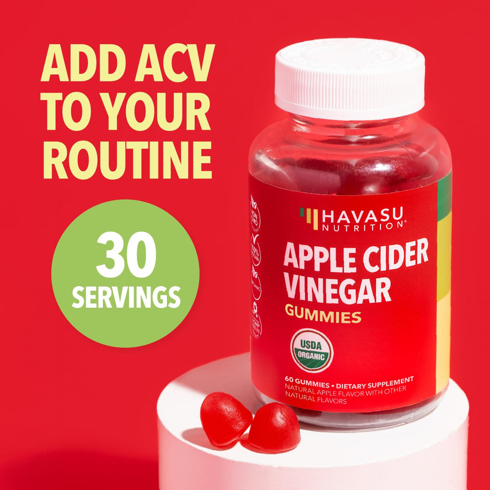 HAVASU NUTRITION Apple Cider Vinegar Gummies vegan symbol on label.
