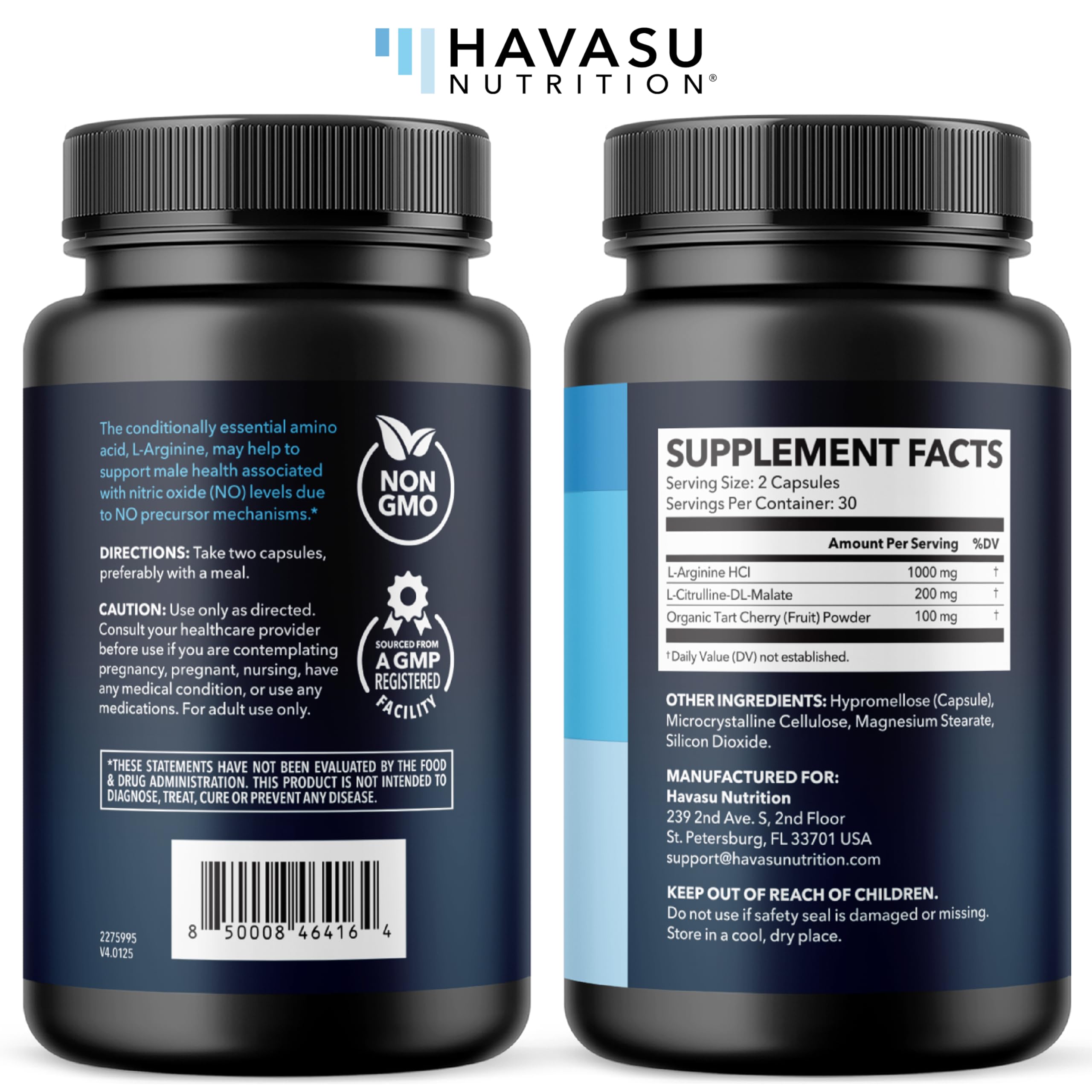 HAVASU NUTRITION blend of L-Arginine and L-Citrulline on bottle label communicates synergy.